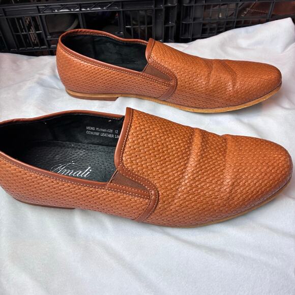 Amali Harmon Driving Loafer Men 12 Genuine Woven Leather Lined Chestnut Moccasin - Picture 7 of 13